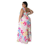 Plus Size Women Fashion Chic Floral Backless Strap Maxi Dress