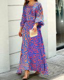 Women Loose Print Long Sleeve Top+Long Dress Two Piece Set