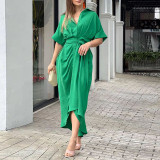 Women Turndown Collar Short Sleeve Lace Up Maxi Dress