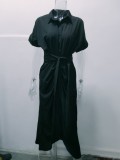 Women Turndown Collar Short Sleeve Lace Up Maxi Dress