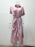 Women Turndown Collar Short Sleeve Lace Up Maxi Dress