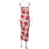 Women Summer Rose Print Strap Dress