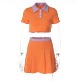Summer Women Turndown Collar Short Sleeve T-Shirt + Skirt Two Piece Set