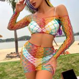 Women Netting Colorful Off-the-shoulder Fishnet Beach Bikini Two Piece