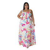 Plus Size Women Fashion Chic Floral Backless Strap Maxi Dress