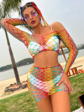 Women Netting Colorful Off-the-shoulder Fishnet Beach Bikini Two Piece