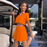 Summer Women Turndown Collar Short Sleeve T-Shirt + Skirt Two Piece Set