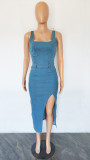 Summer Women'S Fashion Sexy Strap Slit Denim Dress