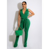 Women'S Turndown Collar Low Back Sleeveless Wide Leg Jumpsuit With Belt