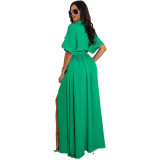 Women'S Fashion Solid Short Sleeve Long Loose Shirt Dress With Belt