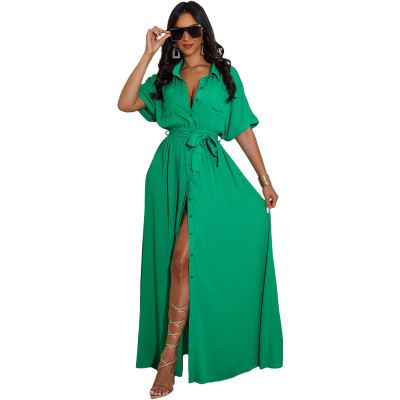 Women'S Fashion Solid Short Sleeve Long Loose Shirt Dress With Belt