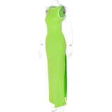 Summer Back Hollowout Sleeveless Swing Dress Slit Women'S Vest Dress