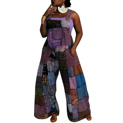 Women'S Positioning Check Print Loose Wide Leg Strap Jumpsuit With Pocket