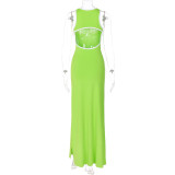 Summer Back Hollowout Sleeveless Swing Dress Slit Women'S Vest Dress