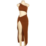 Summer Women'S Fashion Slash Shoulder Sexy Cutout Slit Slim Chic Long Dress
