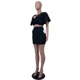 Women'S Summer Solid Color V-Neck Short Sleeve Crop Top Mini Skirt Casual Two Piece Set