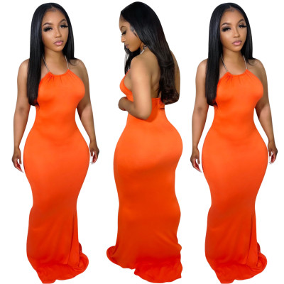 Women'S Fashion Solid Color Sexy Low Back Halter Neck Long Dress