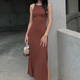 Summer Back Hollowout Sleeveless Swing Dress Slit Women'S Vest Dress