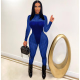 Women'S Mesh Stripe Patchwork Sexy See-Through Jumpsuit