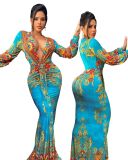 Women'S Positioning Print V-Neck Long Sleeve Sexy Slim Maxi Dress