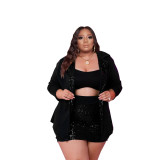 Fall Plus Size Women's Solid Sequin Three-Piece Chic Culottes Set