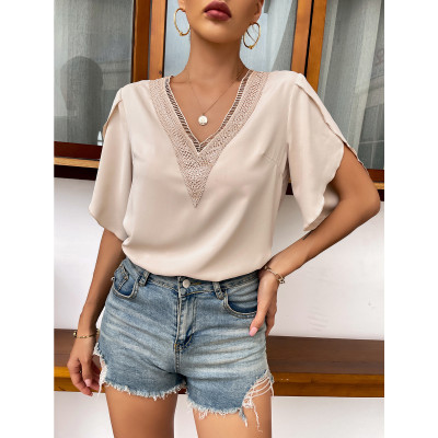 Lace top women's autumn summer solid color v-neck solid color t-shirt trend