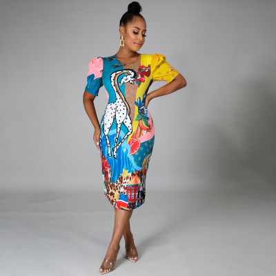 Women's Round Neck Print Fashion Giraffe Short Sleeve Dress