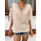 Lace top women's autumn summer solid color v-neck solid color t-shirt trend