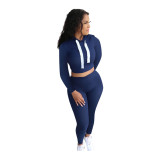 Women's Fall Winter Solid Long Sleeve Hooded High Stretch Force Ribbed Casual Suit