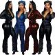 Women's Sexy Zip Up Bell Bottom Pu Jumpsuit w/Adjustable Belt