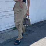 Windy Summer Pleated Slit Skirt High Waist Slim Fit Maxi Cargo Skirt