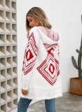 Women Long Sleeve Diamond Jacquard Hooded Cardigan