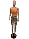 Women Fall Fashion faux fur Crop Top+ Leopard Pants Two Piece