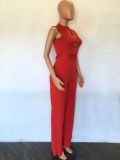 Women Casual Chain Sleeveless Lace-Up Solid Wide Leg Jumpsuit