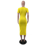 Women solid color deep v neck short sleeve long dress