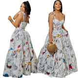 Women Fashion Print Sleeveless Top + High Waist Large Swing Apron Two-piece Set