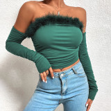 Women Summer Vintage faux fur Off Shoulder Backless Long Sleeve Top