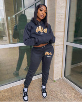 Fall Winter Women Solid Letter Print Hoodies +pant Two Piece