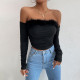 Women Summer Vintage faux fur Off Shoulder Backless Long Sleeve Top