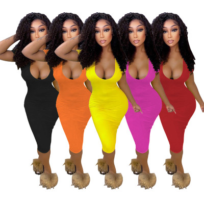 Women solid color deep v neck short sleeve long dress
