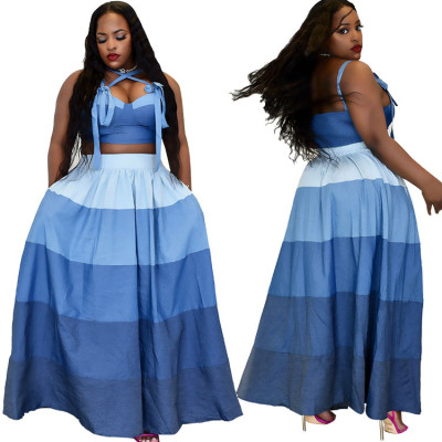 Plus Size Women Summer Colorblocking Sleeveless Crop Top + Swing Skirt Two-Piece Set