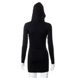 Women Fall Solid Casual Hooded Long Sleeve Mini Dress