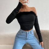 Women Summer Vintage faux fur Off Shoulder Backless Long Sleeve Top