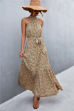 Women Summer Polka Dot Print Halter Neck Lace-Up Long Dress