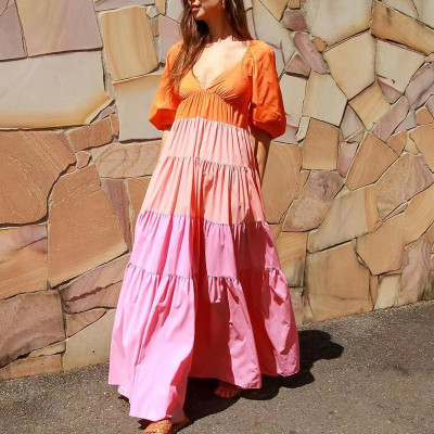 Summer Women Patchwork V-Neck Contrast Color Layed Maxi Dress