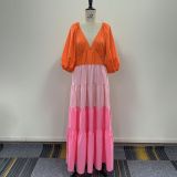 Summer Women Patchwork V-Neck Contrast Color Layed Maxi Dress