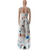 Women Fashion Print Sleeveless Top + High Waist Large Swing Apron Two-piece Set