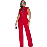 Women Casual Chain Sleeveless Lace-Up Solid Wide Leg Jumpsuit
