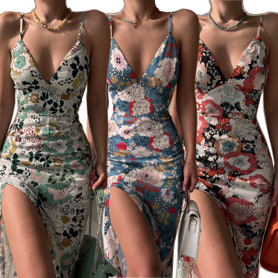 Summer Women'S Printed Low Back Slit Strap Dress
