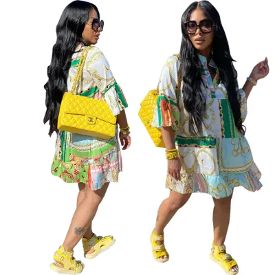 Women'S Summer Fashion Casual Trend Print Stand Collar Half Sleeve Midi Dress